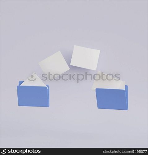 Blue computer folders with flying blank documents. Copy files. 3d render illustration