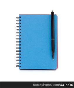 Blue cover notebook with pen isolated on white background cutout