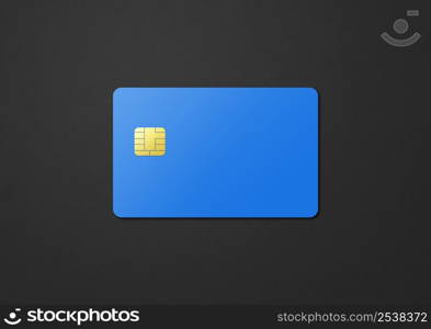 Blue credit card template isolated on a black background. 3D illustration. Blue credit card on a black background