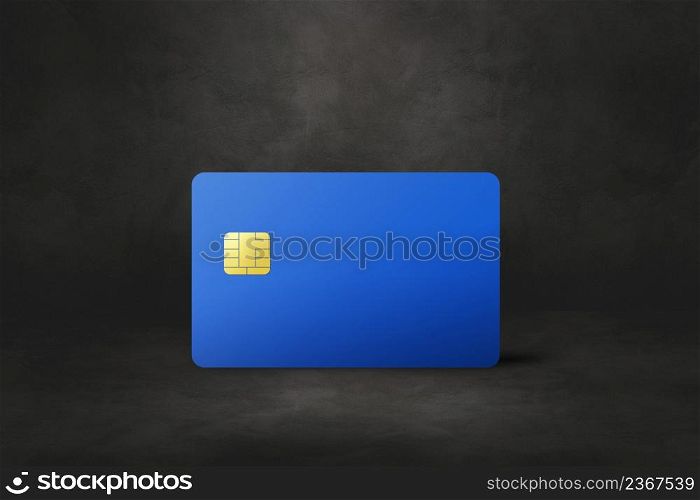 Blue credit card template on a black concrete background. 3D illustration. Blue credit card on a black concrete background