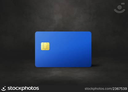 Blue credit card template on a black concrete background. 3D illustration. Blue credit card on a black concrete background