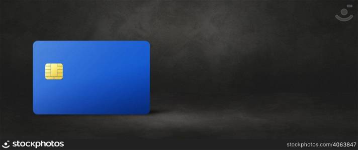Blue credit card template on a black concrete background banner. 3D illustration. Blue credit card on a black concrete background