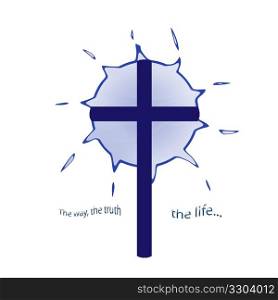 Blue cross with sun behind and text the way the truth the life.