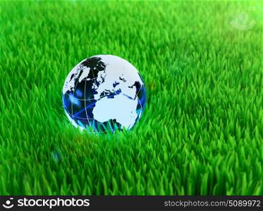 Blue crystal globe on grass symbol of environmental conservation