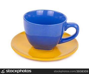 Blue cup of tea on a yellow saucer