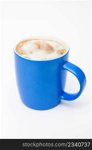 blue cup with a cappuccino on a white background