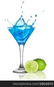 Blue curacao cocktail with splash and green lime isolated on white