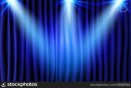 Blue Curtain Theater Scene Stage Background. Abstract Backdrop with Luxury Silk Velvet and studio lights for awards ceremony. spotlights illuminate.