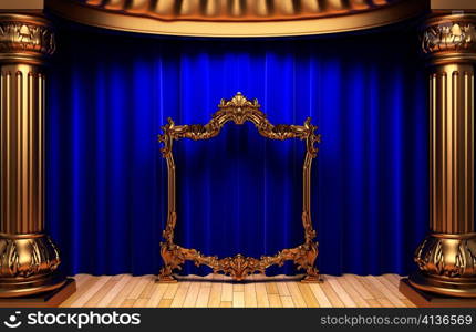 blue curtains, gold columns and frames made in 3d