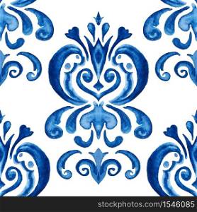 Blue damask hand drawn floral design. Abstract seamless ornamental watercolor paint pattern for fabric. Abstract blue and white hand drawn tile seamless ornamental watercolor paint pattern.