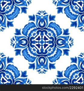 Blue damask hand drawn floral design. Seamless ornamental watercolor paint pattern for fabric and ceramics. Cobalt tile abstract filigree background.. Gorgeous seamless blue floral watercolor pattern oriental tiles. Floral mandala. Azulejo tile design arabesque tiles