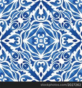 Blue damask seamless ornamental watercolor arabesque paint tile. Gorgeous texture background. Portuguese style tiling mosaic.. Vintage damask floral seamless ornamental watercolor arabesque paint tile design pattern for tile decor.