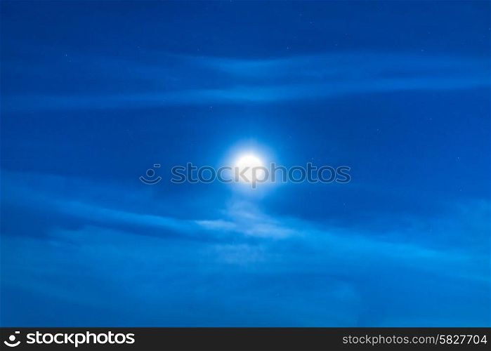 Blue dark night sky with moon light and many stars