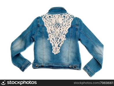 Blue denim jacket with lace. View from the back. Isolate on white.