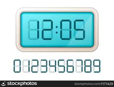 Blue digital clock display with set of retro electronic numbers isolated on white. Blue digital clock display with set of retro electronic numbers on white