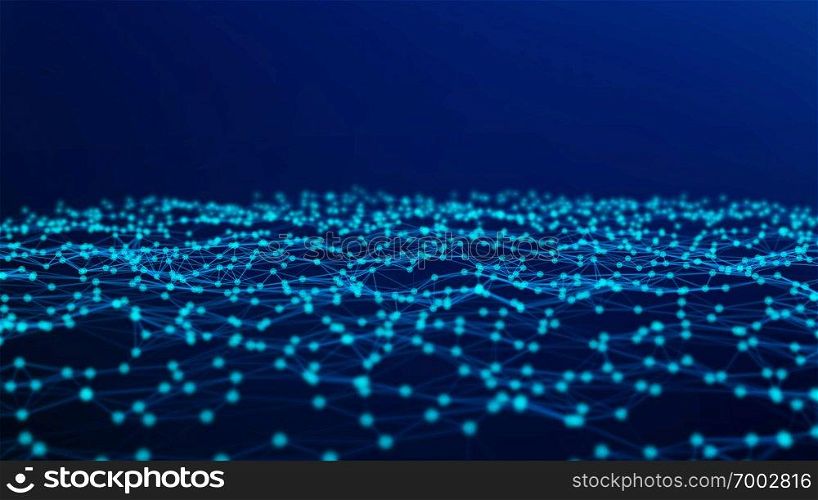 Blue digital computer data and network connection triangle lines and spheres in futuristic technology concept on blue background, 3d abstract illustration