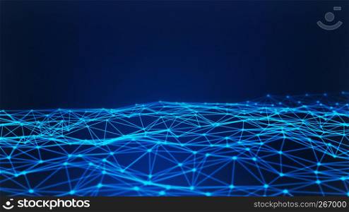 Blue digital data and network connection triangle lines and spheres in futuristic technology concept on blue background, 3d abstract illustration
