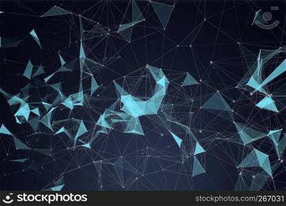 Blue digital data and network connection triangle lines and spheres in futuristic technology concept on black background, 3d abstract illustration