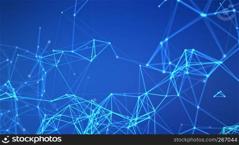 Blue digital data and network connection triangle lines and spheres in futuristic technology concept on blue background, 3d abstract illustration