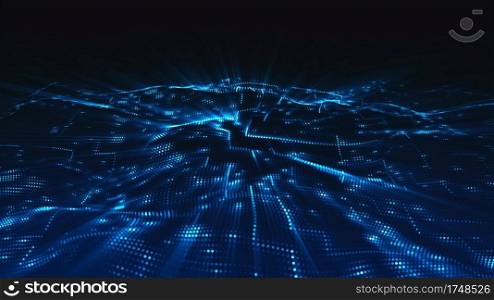 Blue digital particles wave flow and light, Digital cyberspace abstract background