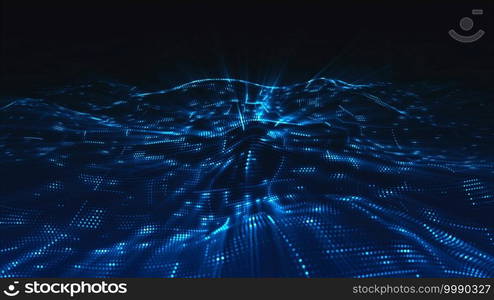 Blue digital particles wave flow and light, Digital cyberspace abstract background