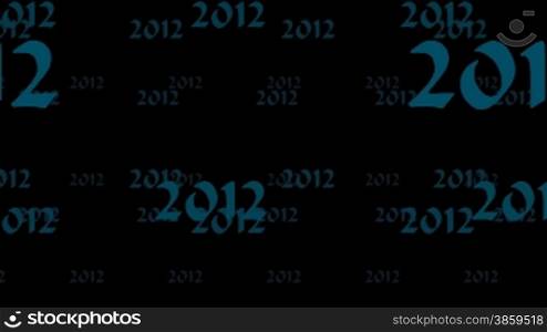 Blue digits 2012 slowly fly on a black background