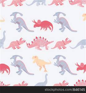 Blue dinosaurs seamless pattern on light blue background. Flat style dinosaur character illustration. Cute hand drawn sketch style textile, wrapping paper, background design. . Blue dinosaurs seamless pattern on light blue background