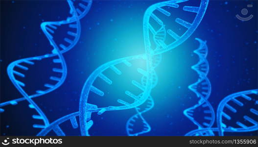 Blue DNA structure and Cells under human DNA system 3D illustration