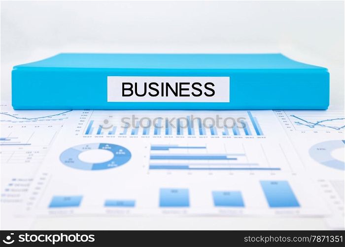 Blue document binder with business word place on graphs and charts of strategic plan