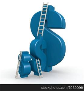 Blue dollar signs with ladder image with hi-res rendered artwork that could be used for any graphic design.. Blue dollar signs with ladder