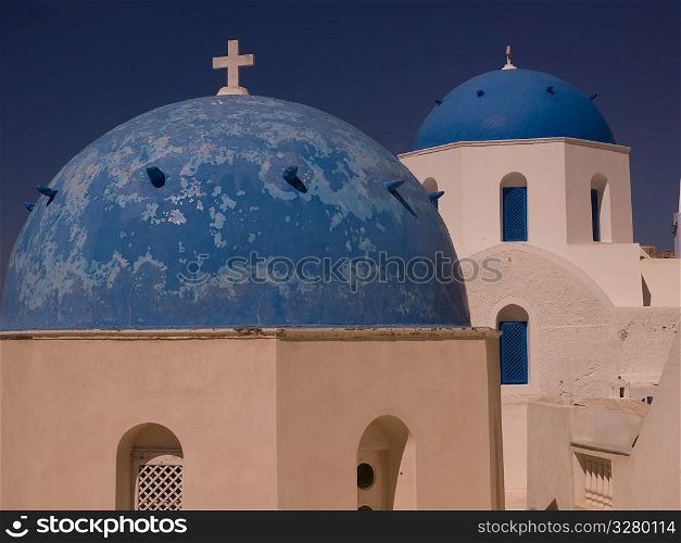 Blue dome on church in Santorini Greece
