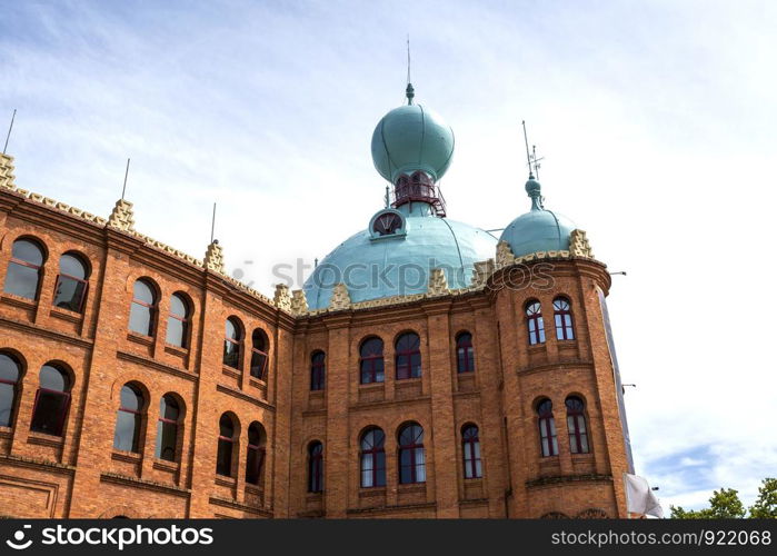 Blue domes and red bricks of the famous bullring of Lisbon, Portugal, built in 1890 in neo-Mudejar style.