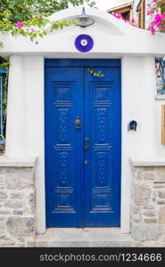 Blue door and entrance to a house in Bodrum, Turkey