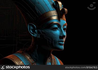 Blue egypt quenn head. Face culture. Fictional person. Generate Ai. Blue egypt quenn head. Generate Ai