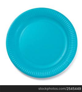 Blue empty paper disposable plate on white isolated background, top view