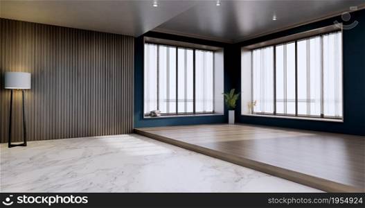 Blue Empty room, modern japanese wooden interior, vintage - tropical style .3d rendering