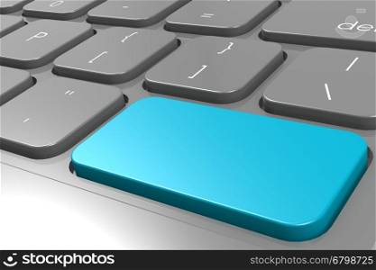 Blue enter button on black computer keyboard, 3D rendering
