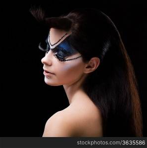 Blue Eye Shadows. Mascara. Woman with Modern Bright Colorful Makeup. Face Art