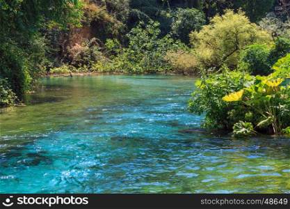 Blue Eye (water spring) with clear blue water summer view (near Muzine in Vlore County, Albania).