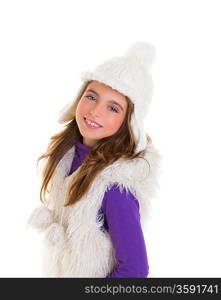 blue eyes child kid happy girl smiling with white winter cap fur and purple