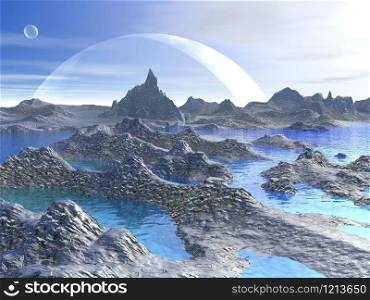 Blue fantasy landscape with rocks, water and planets. Fantasy landscape - 3D render