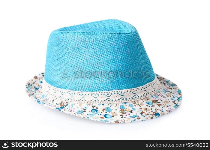 blue female summer straw hat isolated on white background