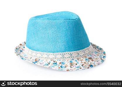 blue female summer straw hat isolated on white background