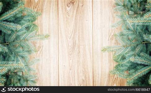 blue fir tree borders on wooden background with copy space. fir tree border