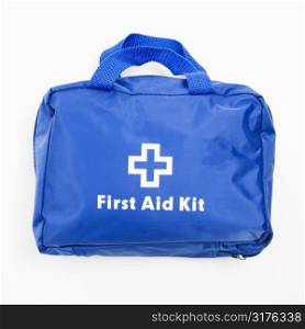 Blue first aid kit on white background.