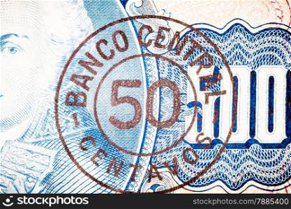 Blue five hundred Bill. Particular of a old Brasilian Banknote