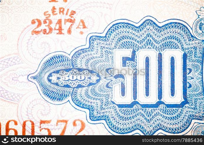 Blue five hundred Bill. Particular of a old Brasilian Banknote