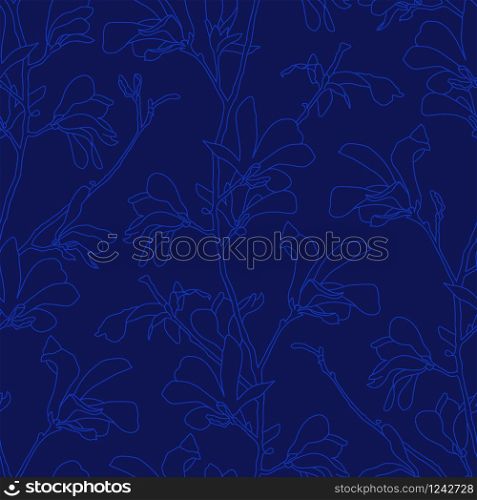 Blue floral background with branch and magnolia flower. Seamless pattern with magnolia tree blossom. Spring design with floral elements. Hand drawn botanical illustration. Blue floral background with branch and magnolia flower. Seamless pattern with magnolia tree blossom. Spring design with floral elements. Hand drawn botanical illustration.