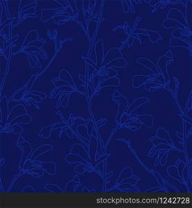Blue floral background with branch and magnolia flower. Seamless pattern with magnolia tree blossom. Spring design with floral elements. Hand drawn botanical illustration. Blue floral background with branch and magnolia flower. Seamless pattern with magnolia tree blossom. Spring design with floral elements. Hand drawn botanical illustration.