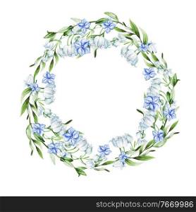 Blue  flowers and lily of the valley in wreath for wedding. Decorative element for greeting card. Illustration. Blue  flowers and lily of the valley in wreath for wedding. Decorative element for greeting card.